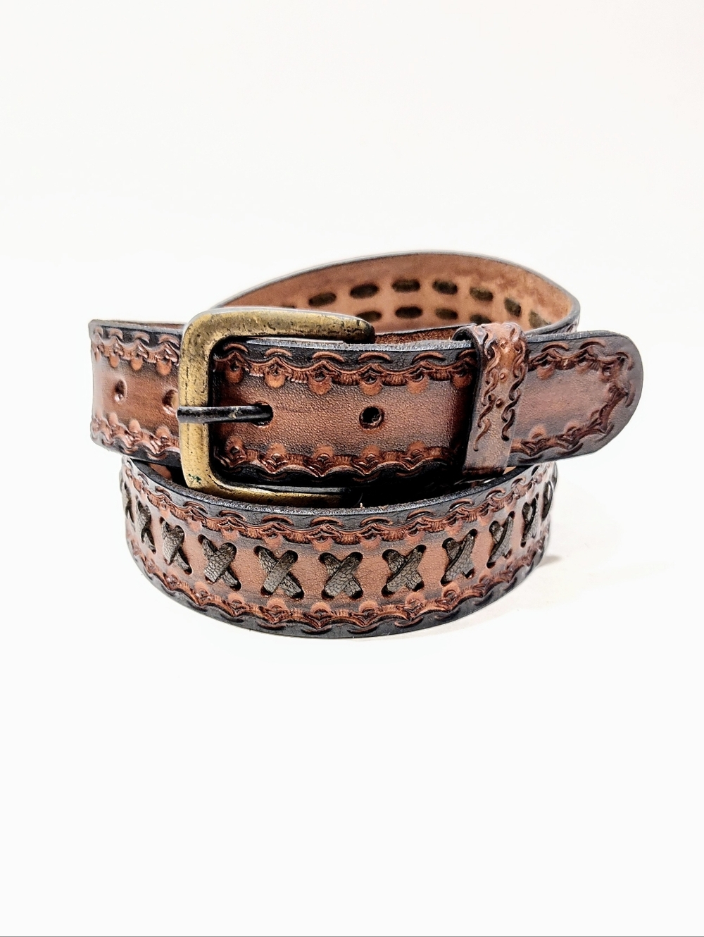 Hand Tooled Leather Western Belt Brown X Stitch Snap Buckle Unisex Fits 42"-44"